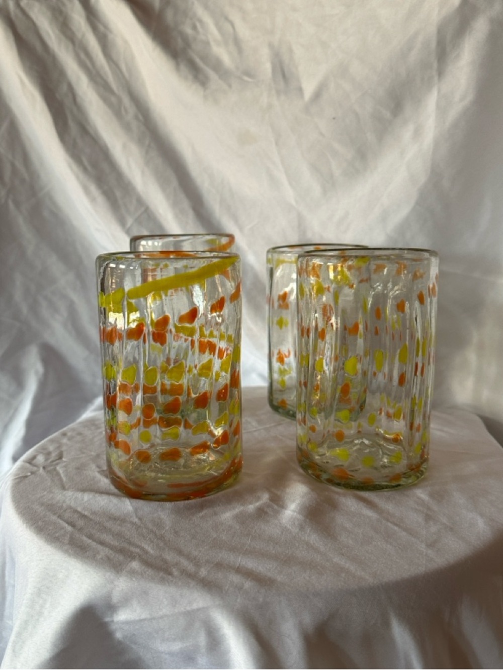 Vintage Clear Glass Tumblers with Yellow and Orange Flecks